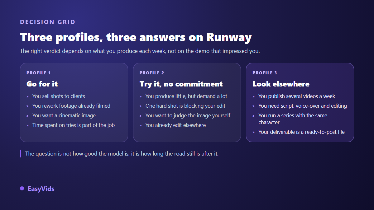Runway decision grid: three creator profiles and the verdict that matches each of them