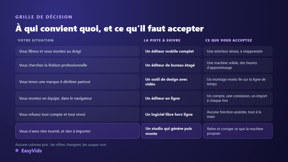 Grille de décision entre les alternatives à CapCut selon votre situation et ce que chaque outil demande d'accepter