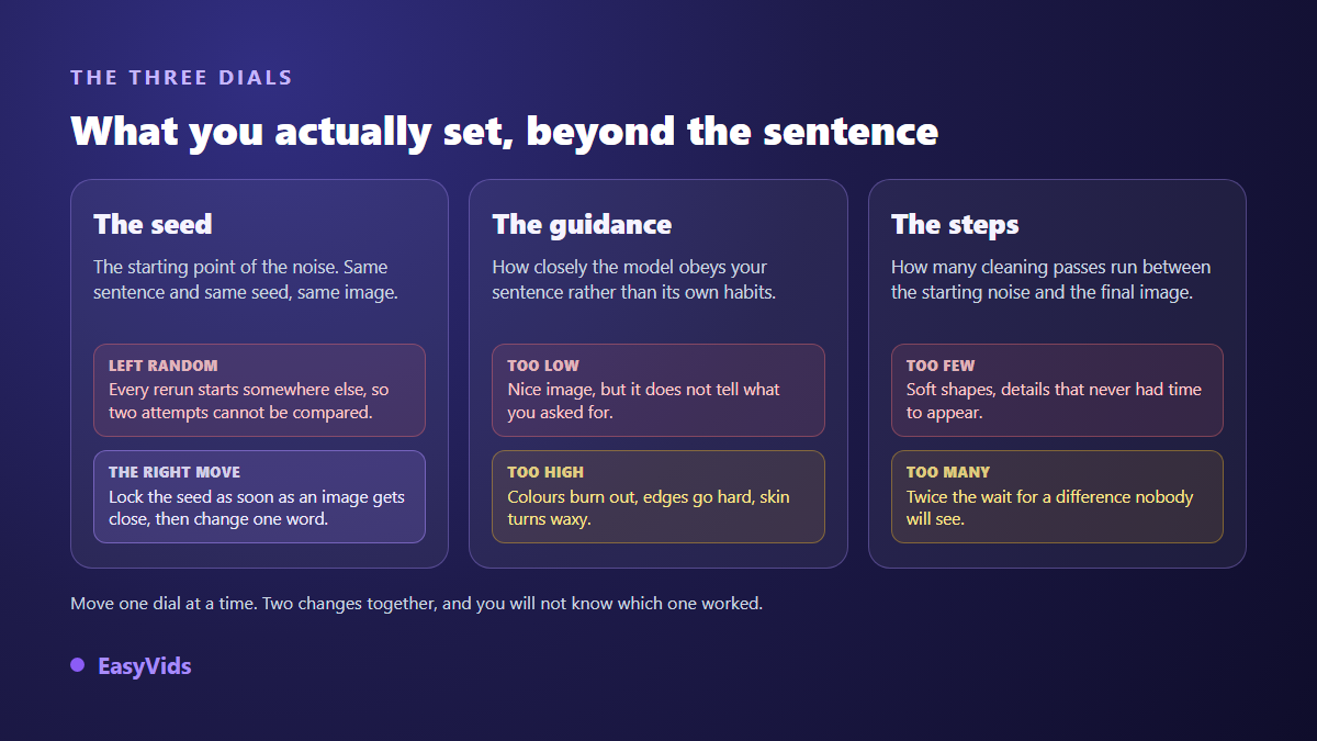 Seed, guidance and steps: the three settings of an AI image generation and how they change the render
