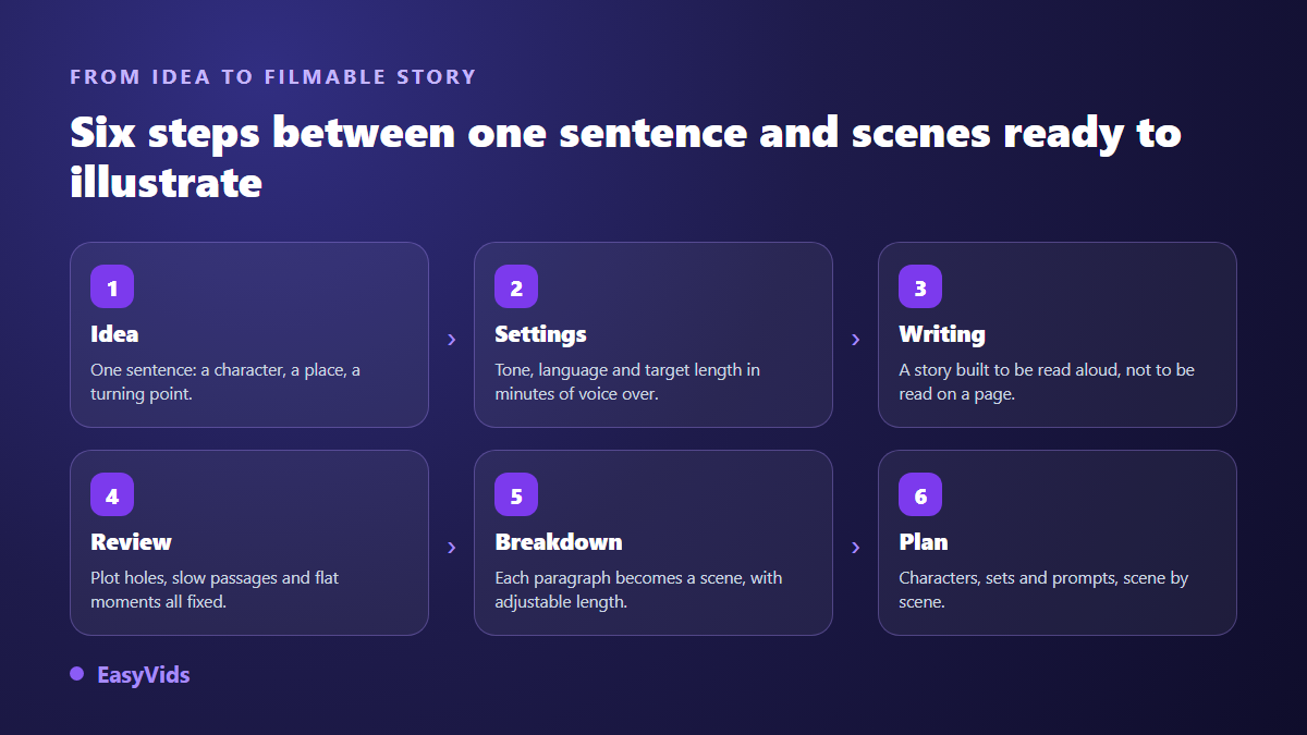 The six steps of an AI story generator: idea, settings, writing, review, scene splitting and production plan