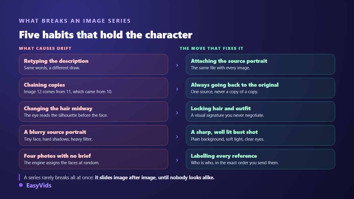 The five mistakes that break consistency across an AI image series, each paired with the fix