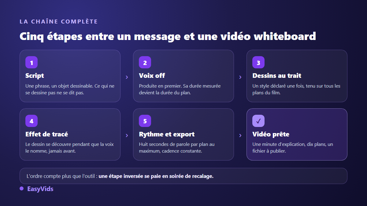 Les cinq étapes d'une vidéo whiteboard : script dessinable, voix off, dessins au trait, effet de tracé, rythme et export