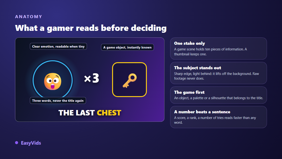 Anatomy of a gaming thumbnail: cut out subject, recognisable game object, number and three word text
