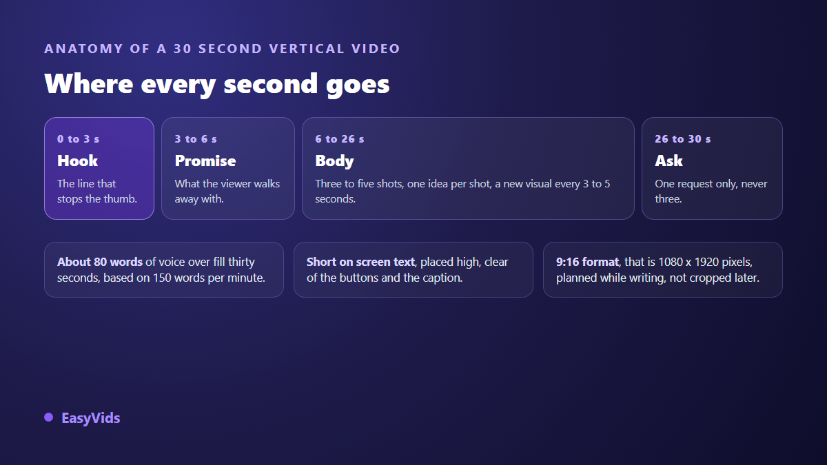 Anatomy of a 30 second TikTok video: hook, promise, body in several shots and closing line