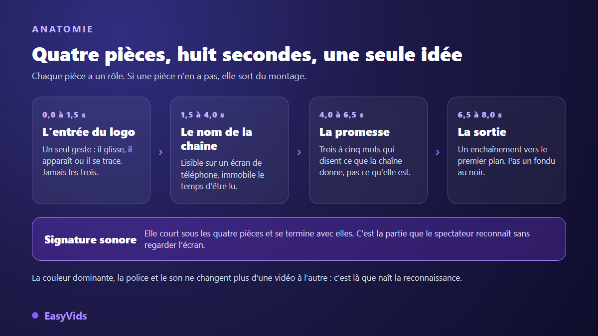 Anatomie d'une intro YouTube animée : entrée du logo, nom de la chaîne, promesse, sortie, et signature sonore