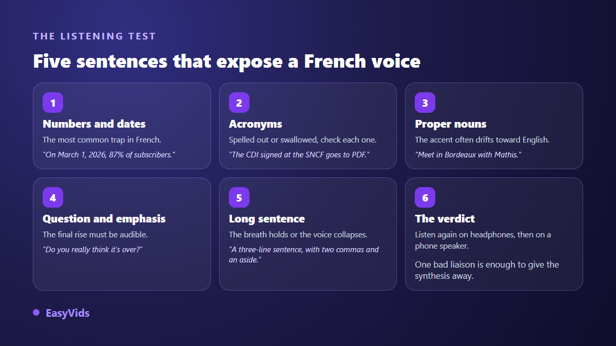 Listening bench for an AI voice over: numbers, acronyms, proper nouns, questions, long sentences and the verdict