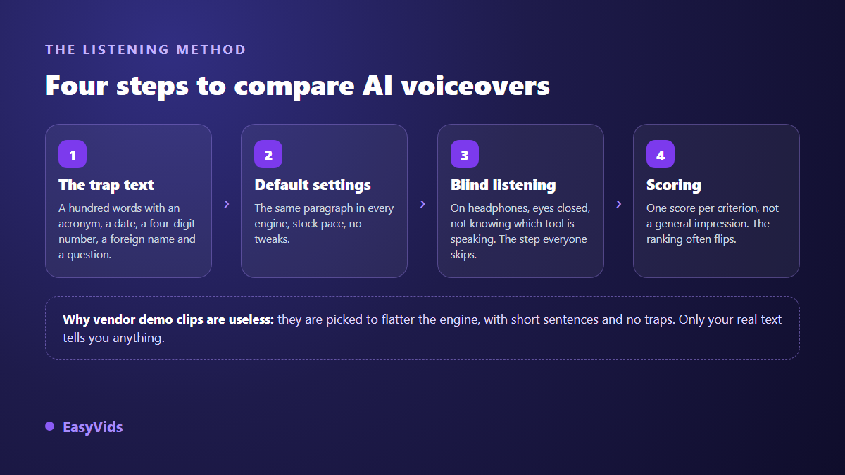 Four step listening protocol for comparing AI voice over tools: trap text, identical settings, blind listening, scoring