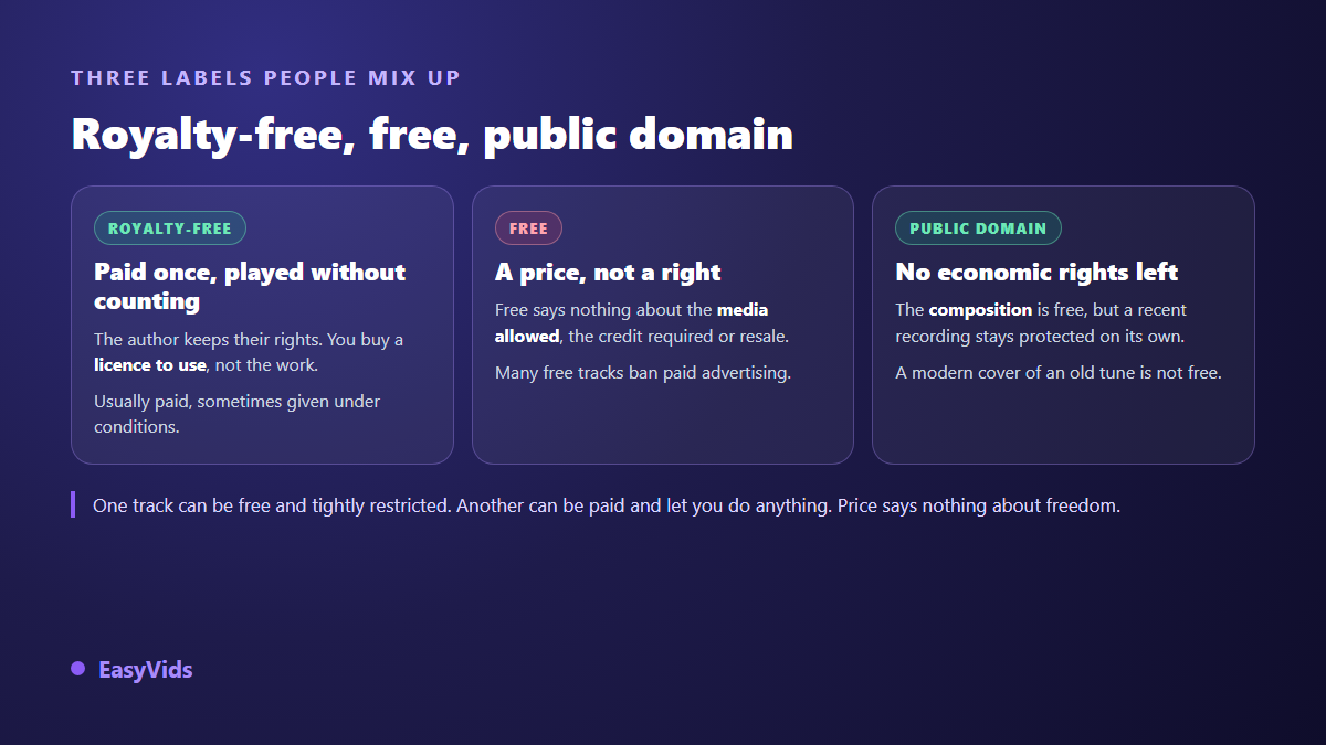 Three music labels compared: royalty free, free of charge and public domain, with what each one allows