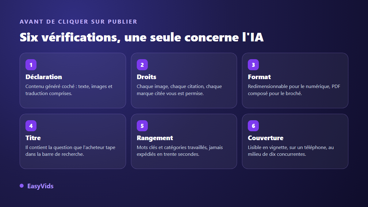 Les six vérifications à faire sur Amazon KDP avant de publier un livre écrit avec l'IA