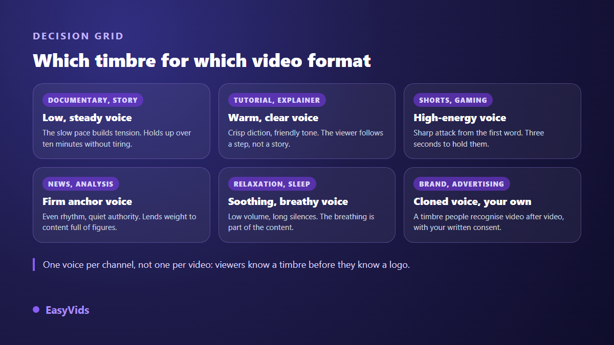Decision grid matching a YouTube video format with a type of AI voice over: documentary, tutorial, Shorts, news, relaxation, brand