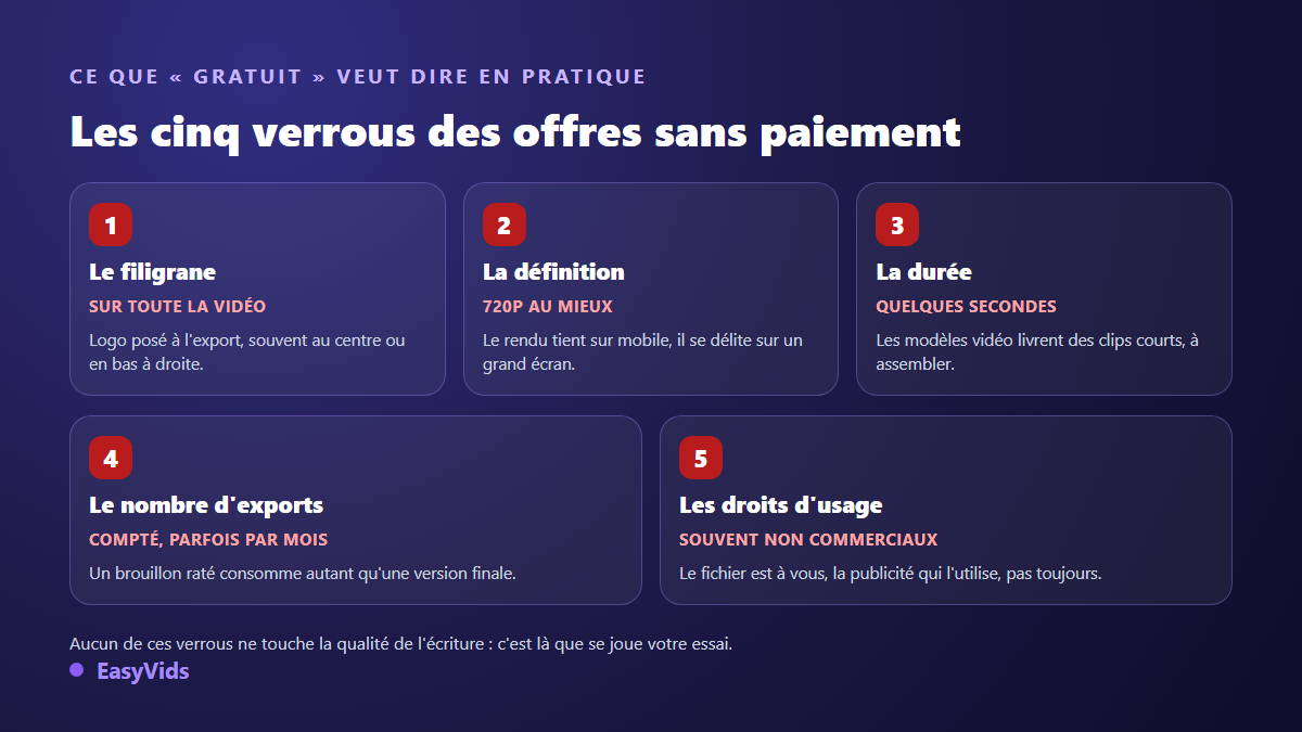 Les cinq limites des générateurs de vidéo gratuits : filigrane, définition, durée, nombre d'exports, droits d'usage