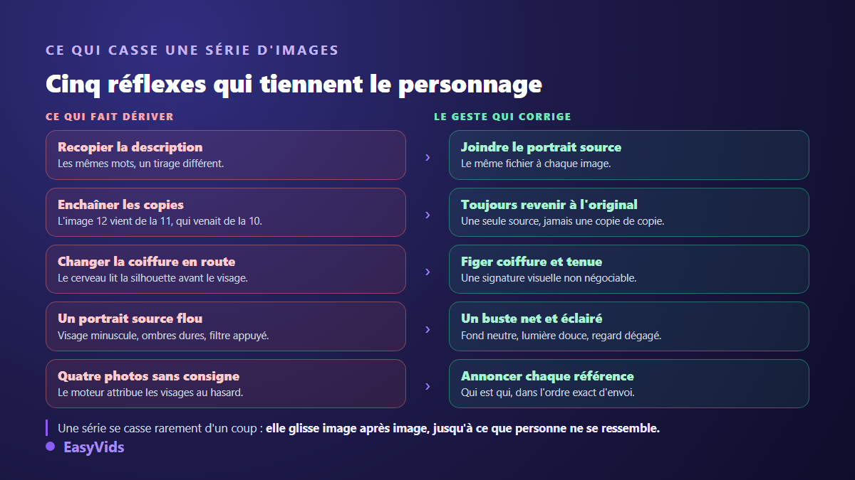 Les cinq erreurs qui cassent la cohérence d'une série d'images IA et le geste correcteur associé à chacune