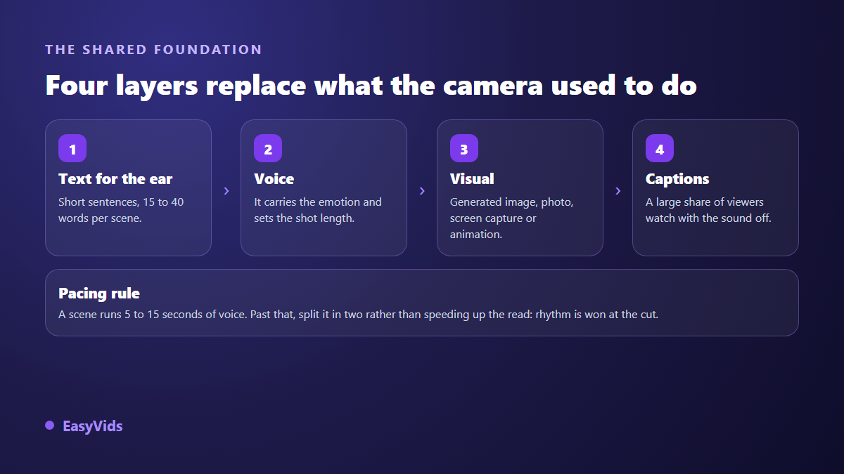 Anatomy of a video made without a camera: text written for the ear, voice, visual and captions, with the pacing rule of 5 to 15 seconds per scene