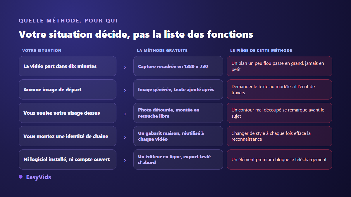 Grille de décision pour choisir une méthode de miniature YouTube gratuite selon la situation, avec le piège propre à chaque méthode