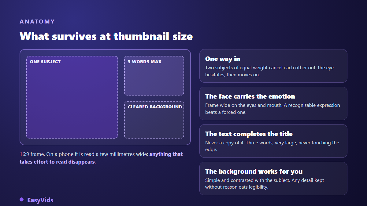 Anatomy of a readable YouTube thumbnail: single subject, three words maximum, emptied background