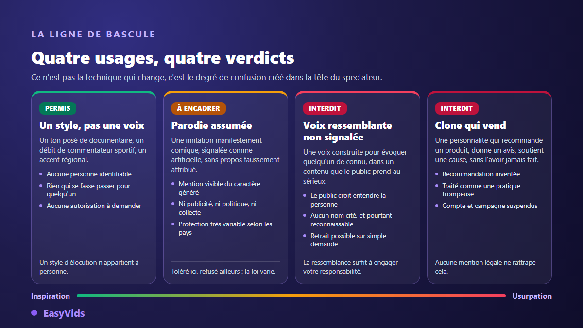Quatre usages d'une voix de célébrité générée par IA, du style d'élocution permis au clone publicitaire interdit
