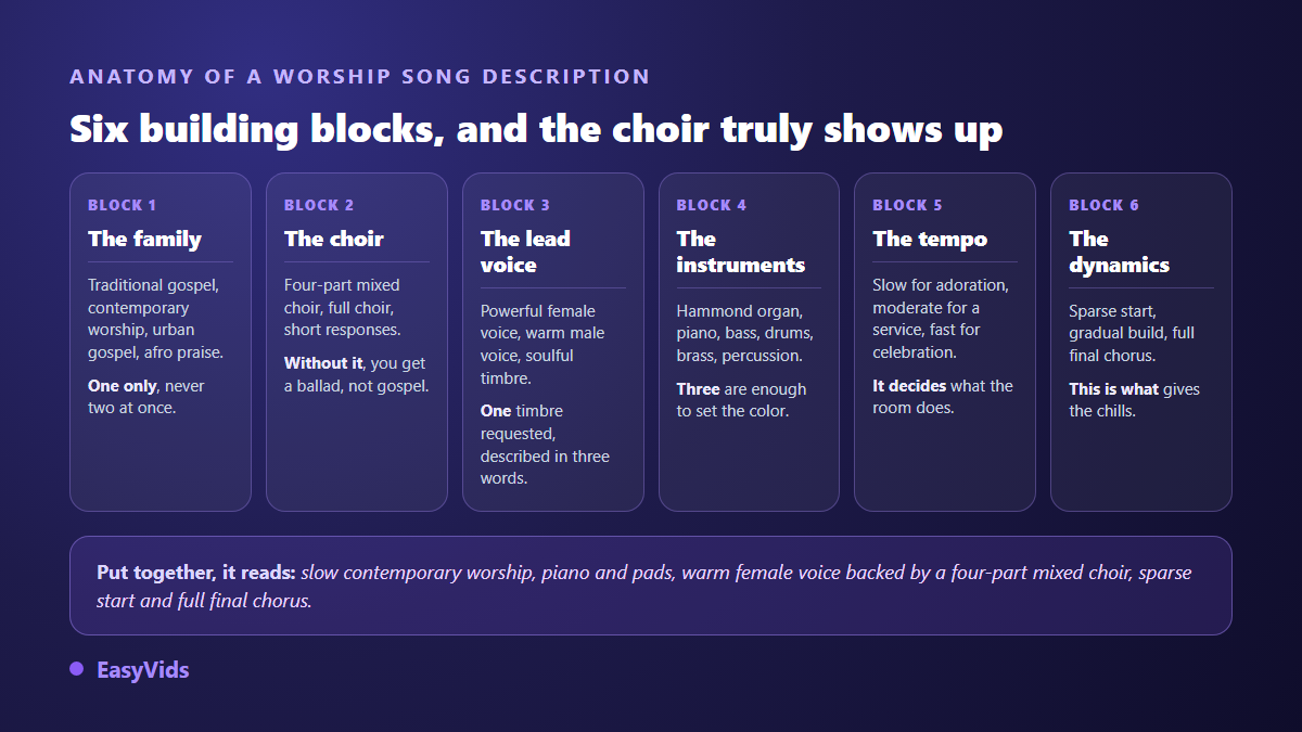 Anatomy of an AI gospel music prompt in six blocks: family, choir, lead voice, instruments, tempo and dynamics