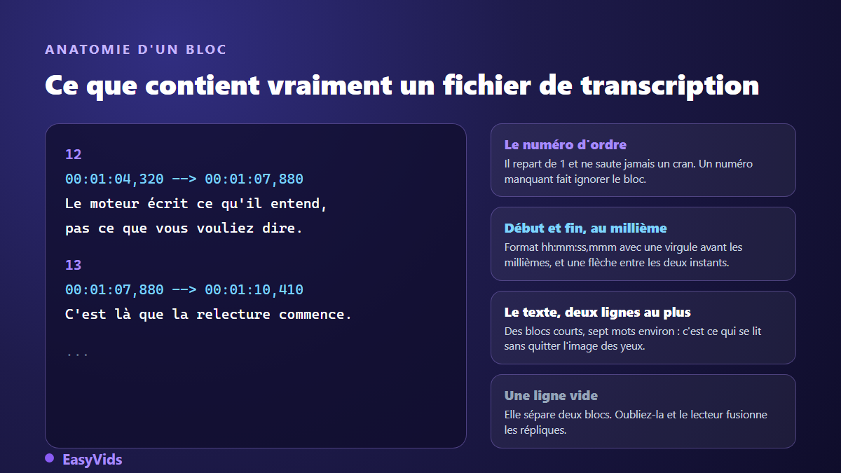 Anatomie d'un bloc de sous-titres SRT : numéro, horodatage début et fin, texte sur deux lignes maximum