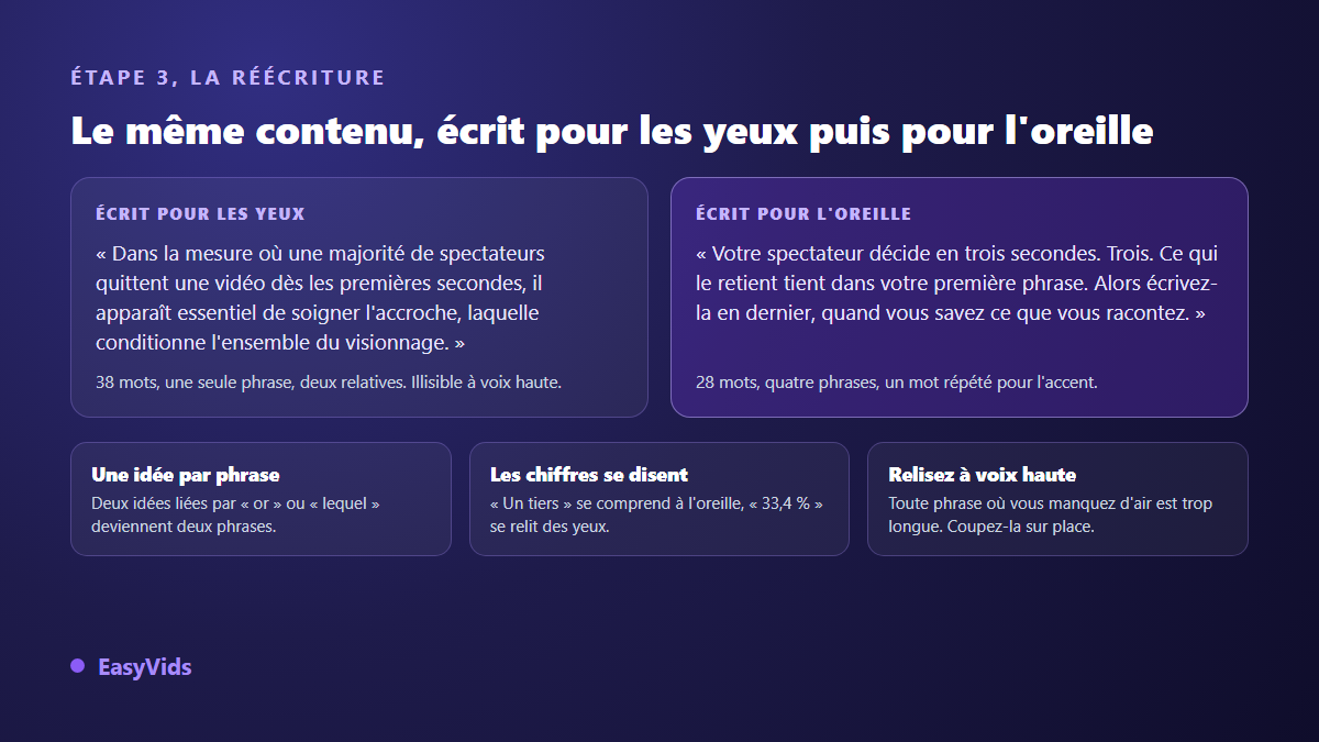 Comparaison avant après entre un paragraphe écrit pour les yeux et le même contenu réécrit pour la voix off