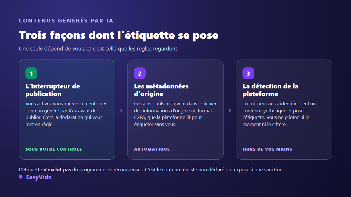 Les trois façons dont l'étiquette contenu généré par IA se pose sur une vidéo TikTok : déclaration manuelle, métadonnées C2PA, détection de la plateforme