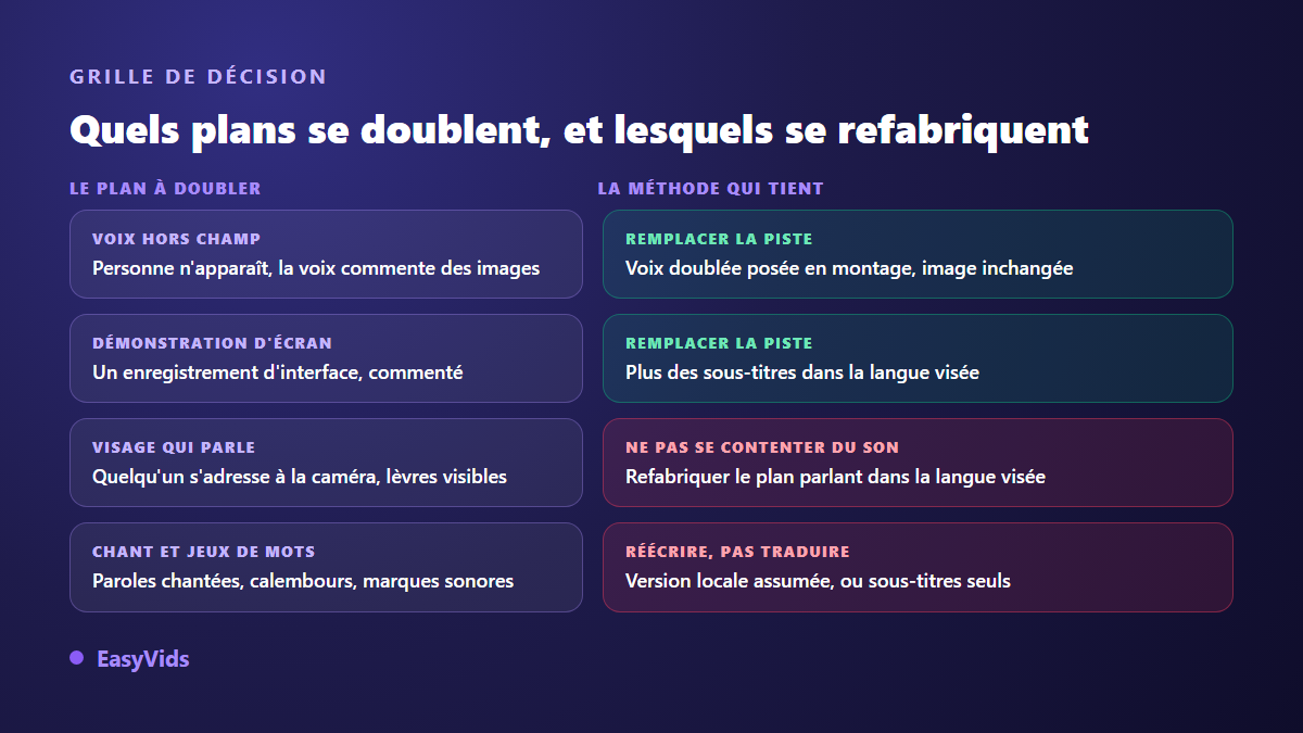 Grille de décision du doublage IA : quels plans acceptent un simple remplacement de piste et lesquels demandent une refabrication