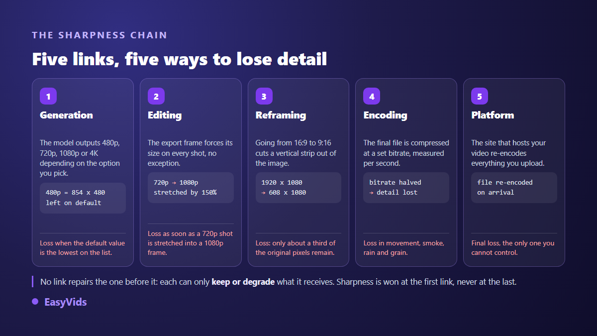 The five stages where an AI video loses sharpness: generation, editing, cropping, encoding and platform re-encoding