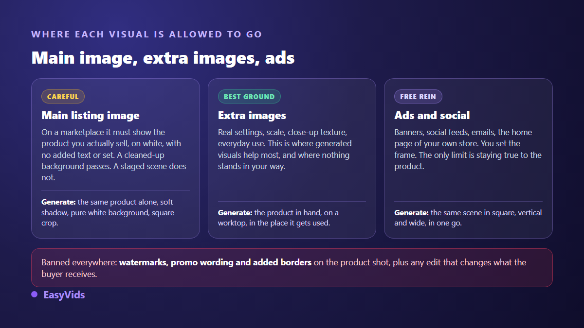 Where an AI generated product visual can be published: main listing image, secondary images, ads and social feeds