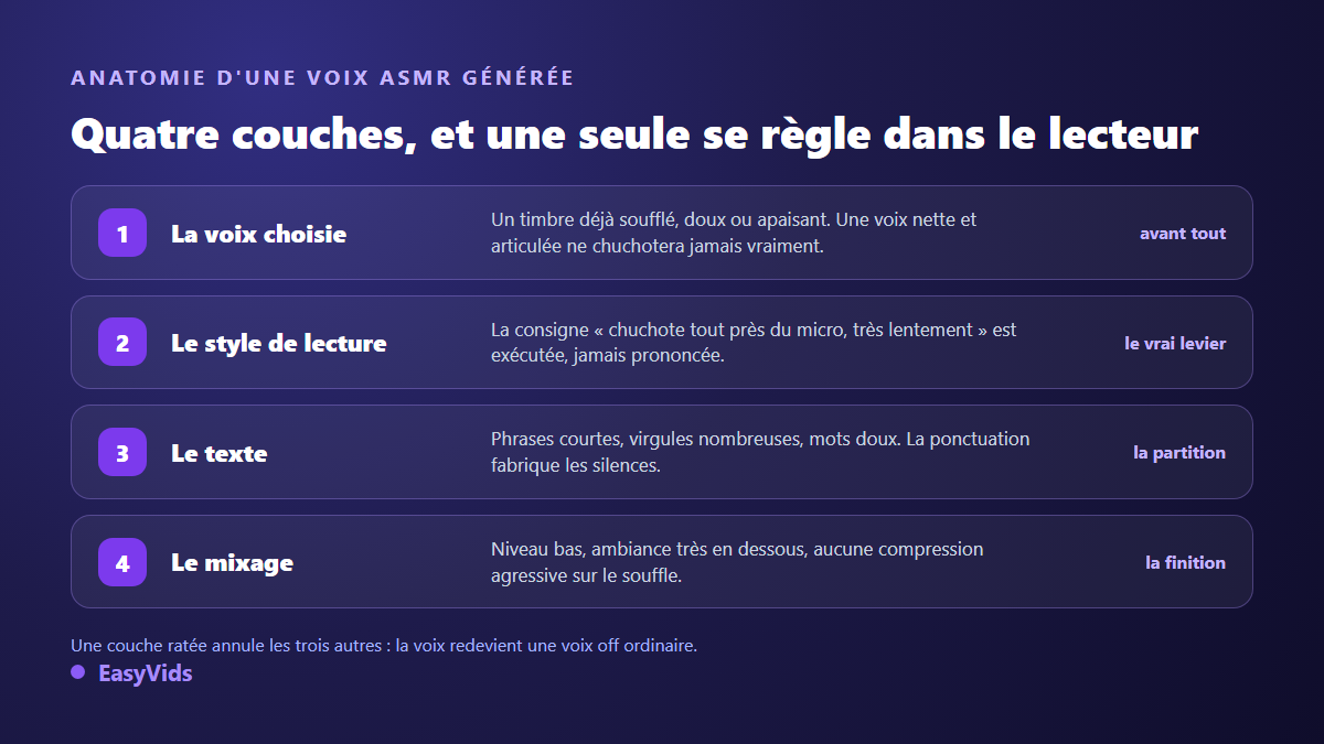 Anatomie d'une voix ASMR générée par IA : voix choisie, style de lecture, texte préparé et mixage