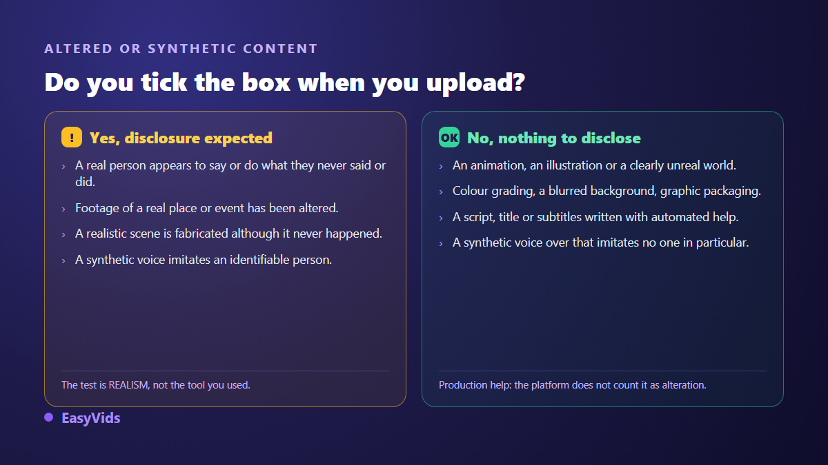 Decision grid showing when to disclose altered or synthetic content on YouTube and when it is unnecessary
