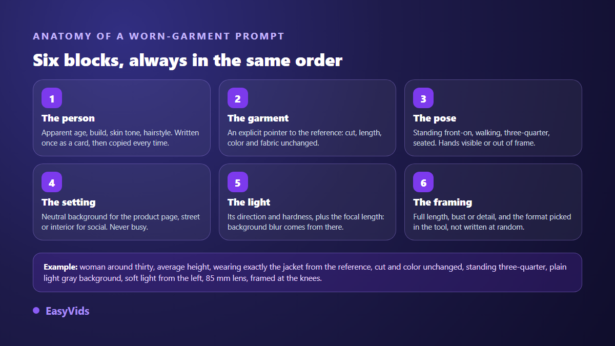 The six blocks of an AI fashion model prompt: person, garment, pose, setting, light and framing