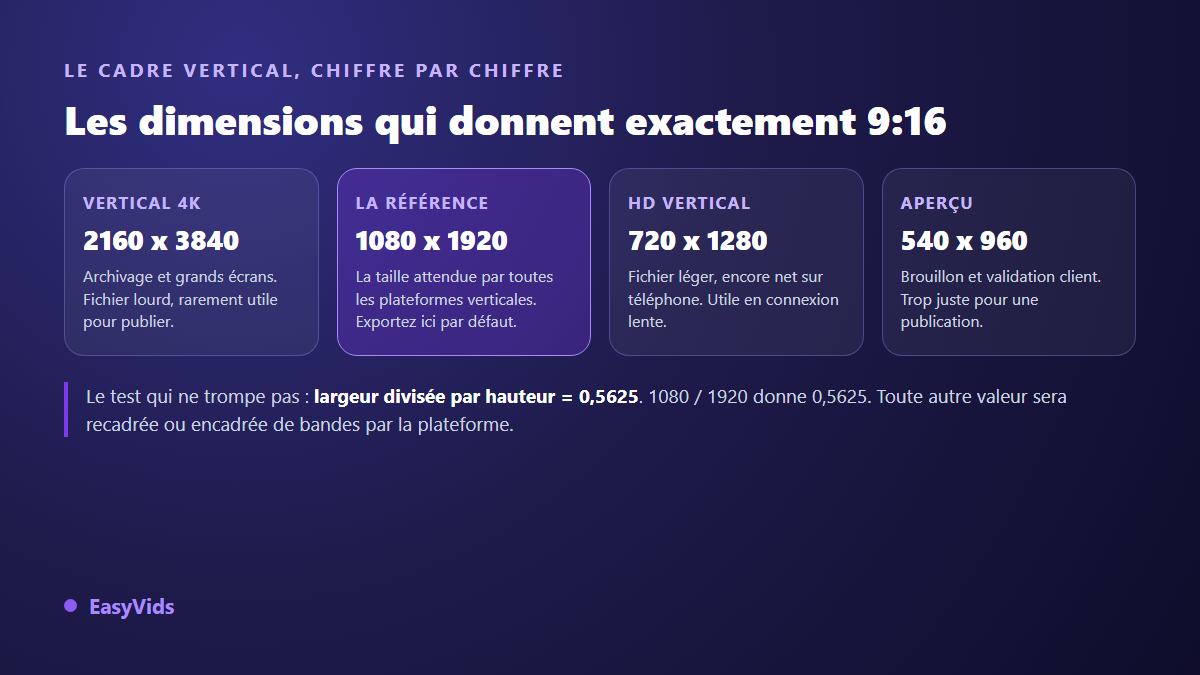 Tableau des dimensions du format vertical 9:16 : 2160 x 3840, 1080 x 1920, 720 x 1280 et 540 x 960 pixels