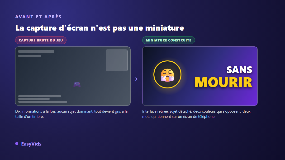 Comparaison entre une capture d'écran de jeu brute et une miniature gaming construite avec un sujet détaché
