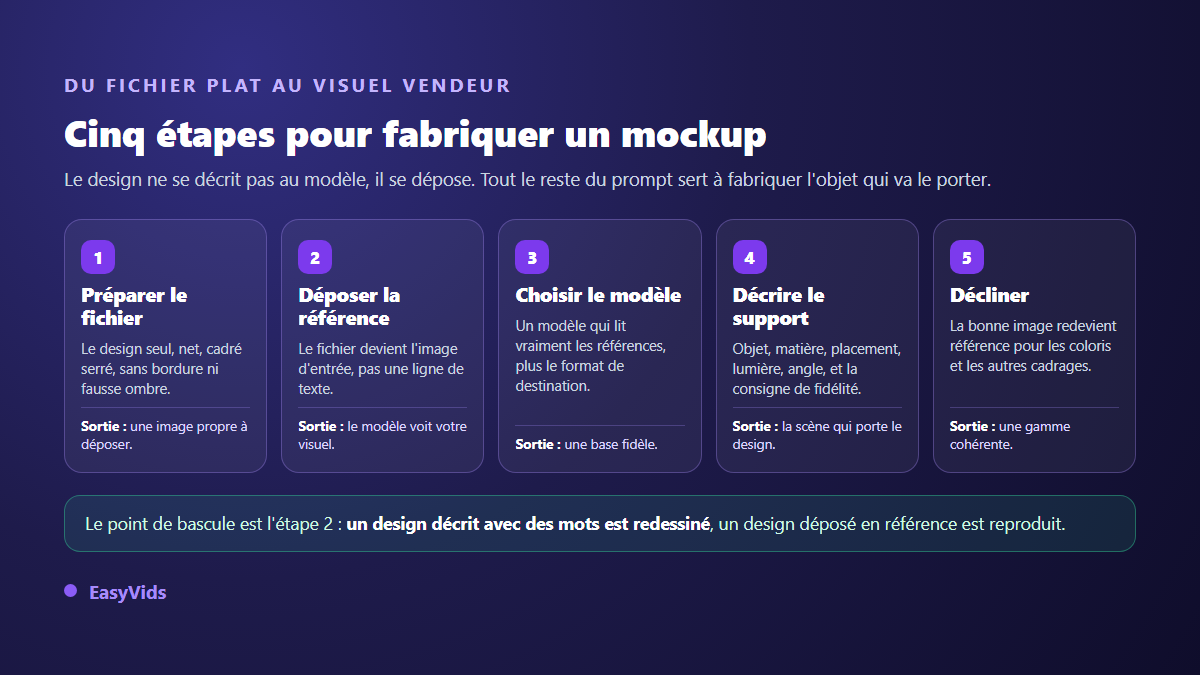 Les cinq étapes d'un mockup IA : préparer le fichier, déposer la référence, choisir le modèle, décrire le support, décliner