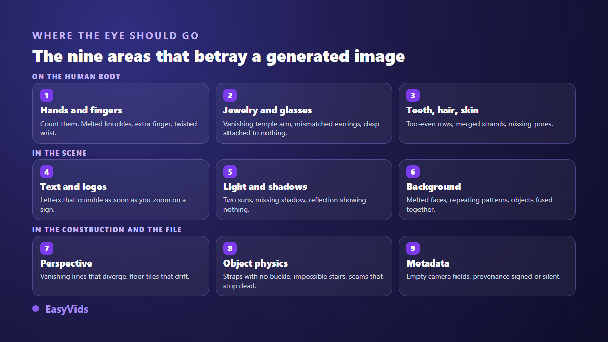 The nine zones to inspect when checking whether an image is AI generated: hands, jewellery, teeth, text, light, background, perspective, object physics and metadata