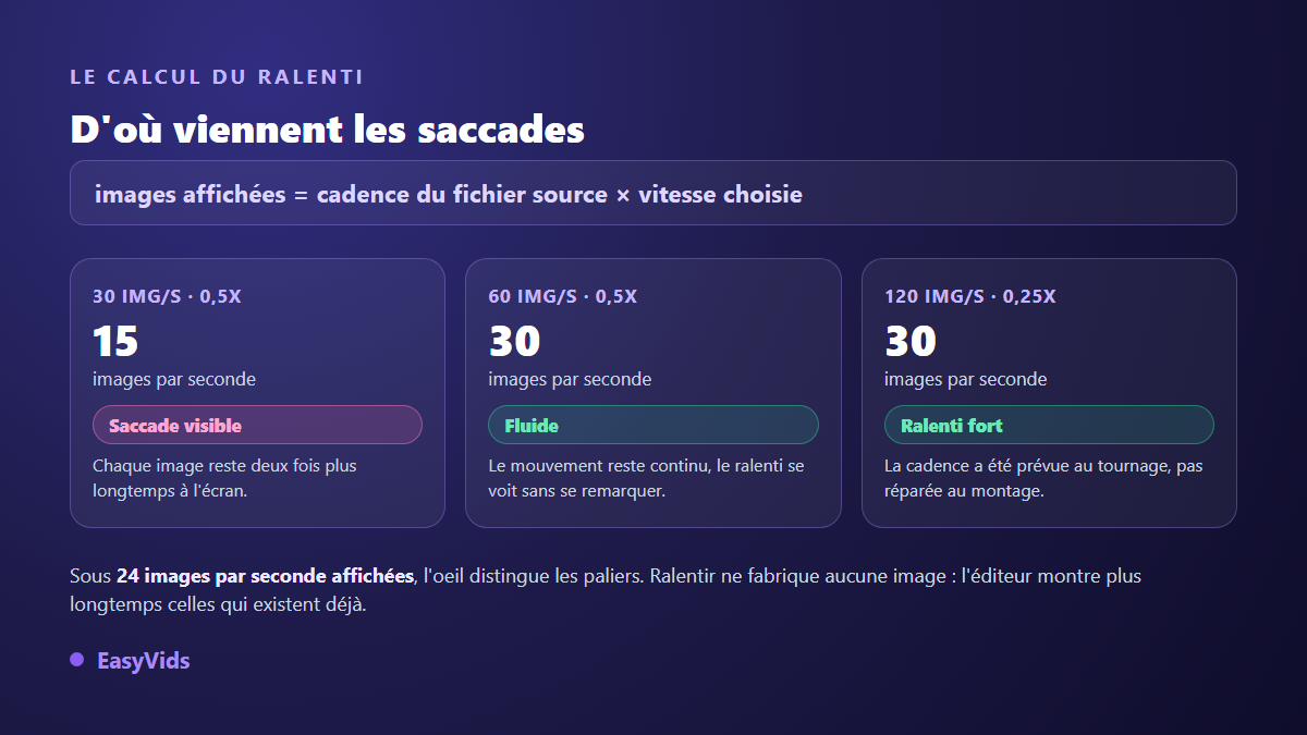 Calcul du ralenti vidéo : cadence du fichier source multipliée par la vitesse, avec trois cas à 15 et 30 images par seconde