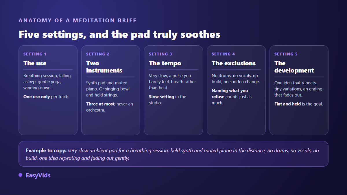 The five parts of a meditation music brief: use, instruments, slow tempo, exclusions and minimal evolution