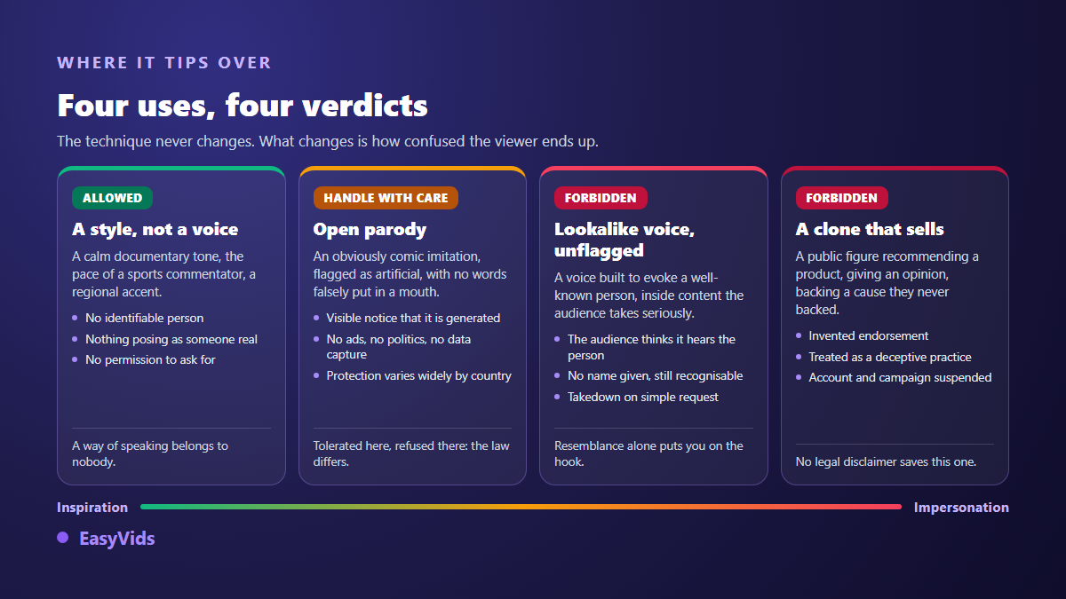 Four uses of a celebrity AI voice, from an allowed speaking style to a banned advertising clone