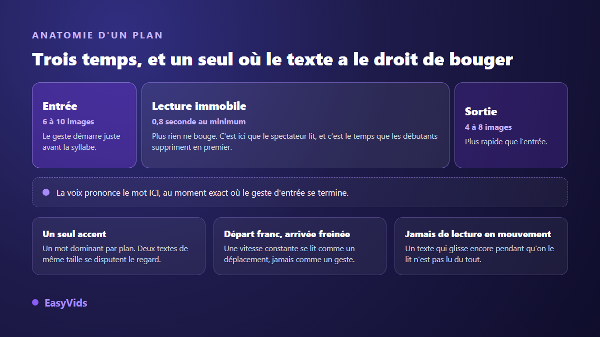 Anatomie d'un plan de texte animé : temps d'entrée, lecture immobile et sortie, avec le repère de la voix