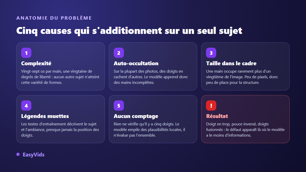 Les cinq causes des mains ratées en image IA : complexité articulaire, auto-occultation, taille dans le cadre, légendes d'entraînement muettes, absence de comptage