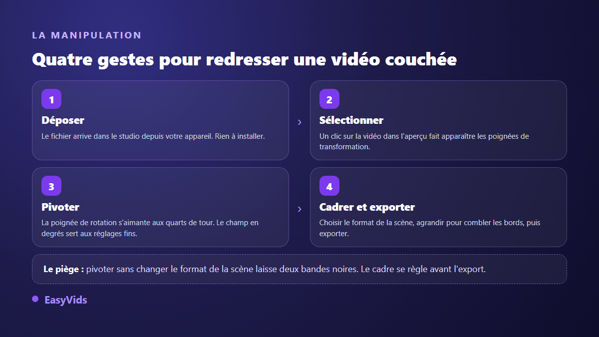 Les quatre étapes pour redresser une vidéo couchée dans un éditeur vidéo en ligne : déposer, sélectionner, pivoter, cadrer et exporter