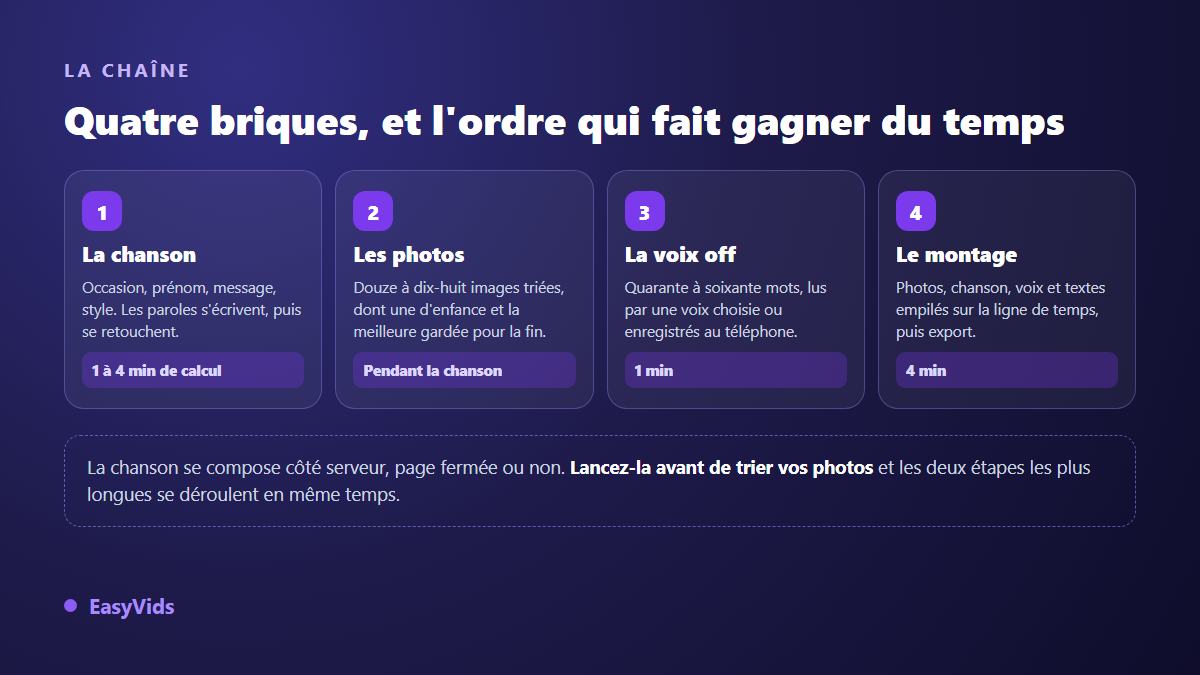 Les quatre briques d'une vidéo d'anniversaire personnalisée : la chanson au prénom, les photos triées, la voix off et le montage