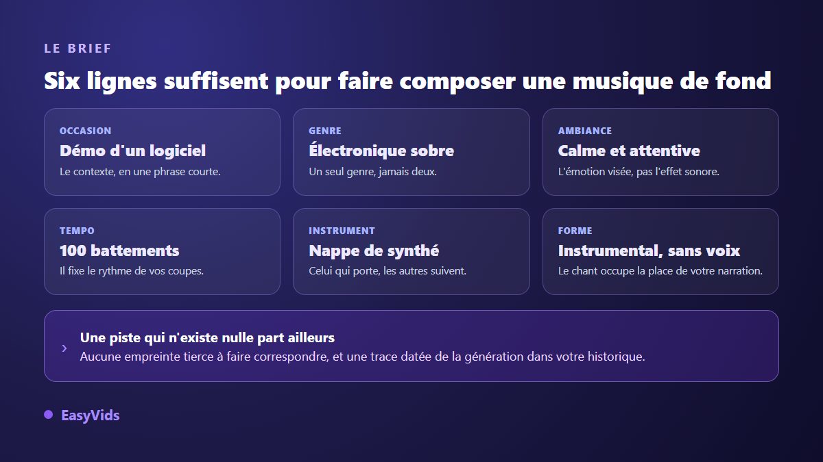 Anatomie d'un brief de musique de fond : occasion, genre, ambiance, tempo, instrument dominant et forme instrumentale