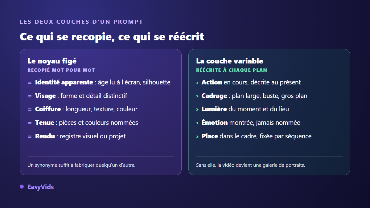 Les deux couches d'un prompt de personnage IA : le noyau figé recopié mot pour mot et la couche variable réécrite à chaque plan