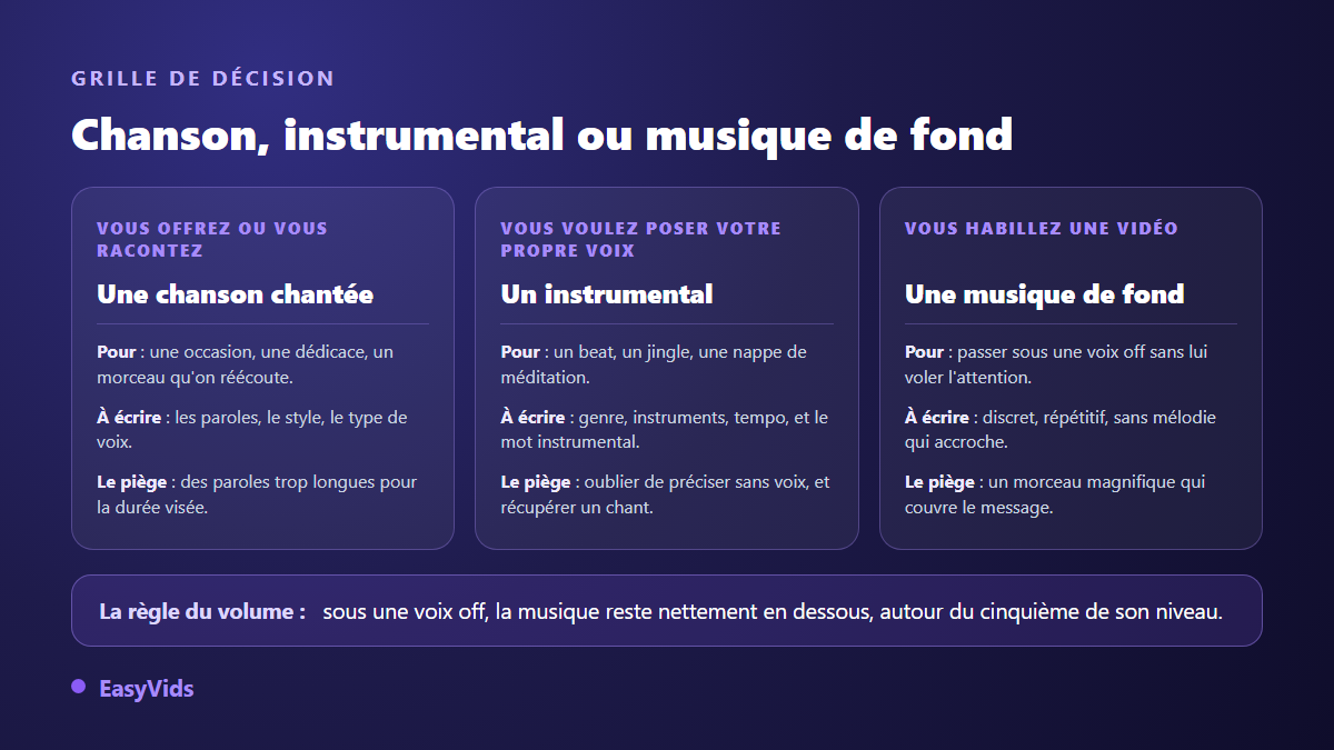 Grille de décision entre chanson chantée, instrumental et musique de fond pour une vidéo