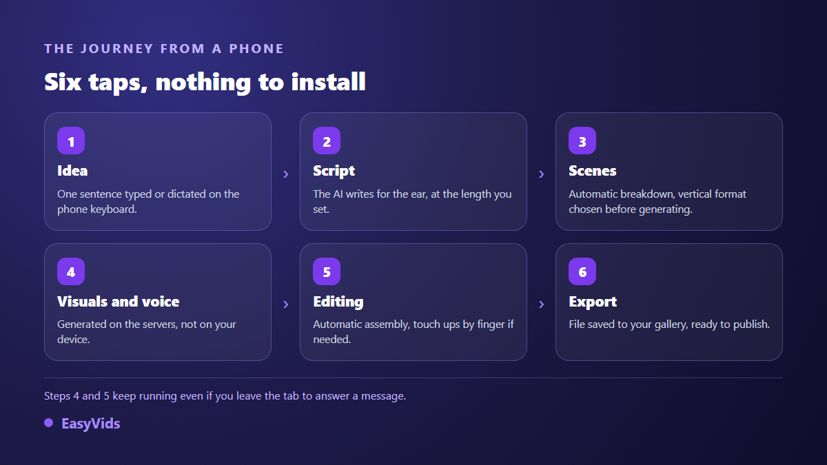 Six steps of an AI video made on a phone: idea, script, scenes, visuals and voice, edit, export