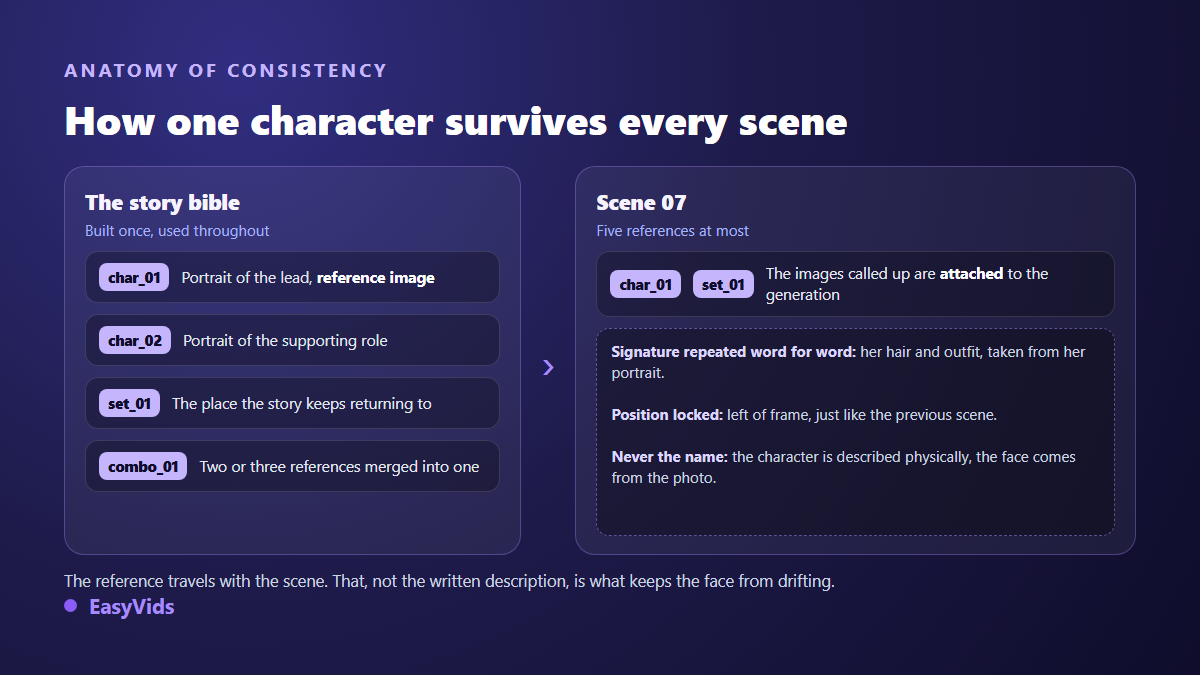 Anatomy of AI character consistency: the bible provides reference images that each scene cites by identifier
