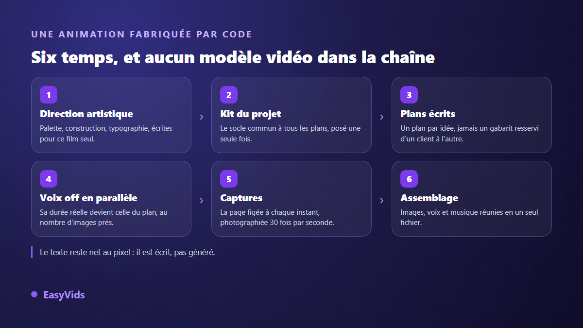 Les six étapes d'un moteur de vidéo animée par code : direction artistique, kit du projet, écriture des plans, voix off, captures image par image et assemblage
