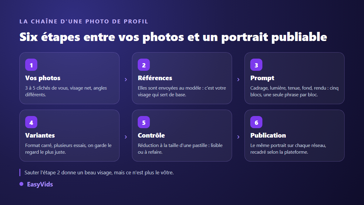 Les six étapes d'une photo de profil générée par IA, de vos photos de référence au portrait publié sur chaque réseau