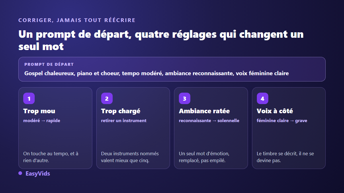 Méthode de correction d'un prompt musical : un prompt de départ et quatre variations qui changent un seul mot