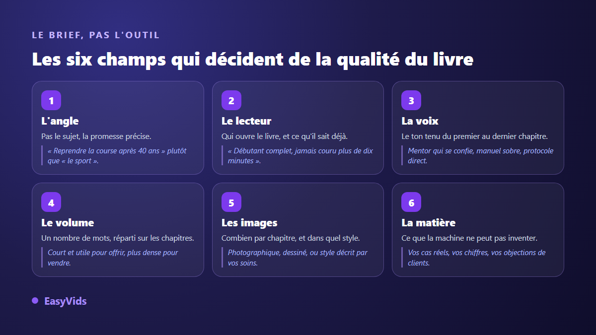 Anatomie d'un brief d'ebook IA : angle, lecteur, voix d'auteur, volume, images et matière personnelle